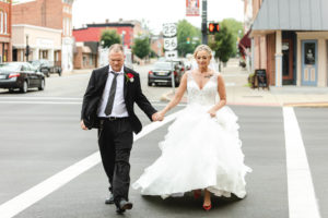 bride and groom crossing the road wedding photography in circleville ohio